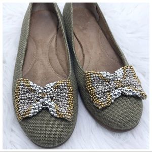 AEROSOLES Olive Green Beaded Bow Ballet Flats